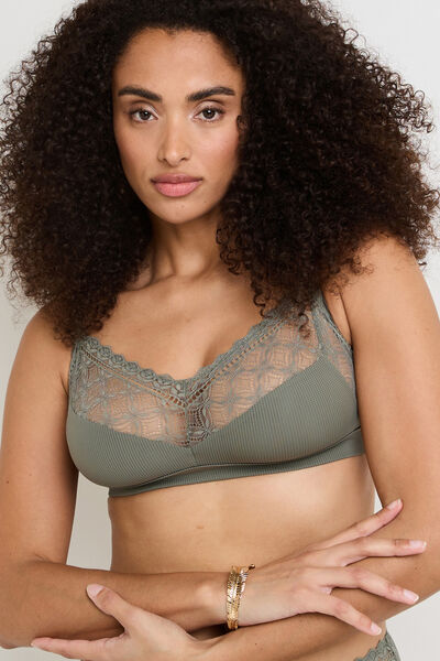GAELLE BRASSIERE SANS ARMATURE DENTELLE ET MICROFI KAKI