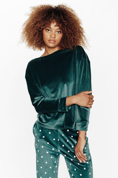 TEE-SHIRT MANCHES LONGUES VELOURS VERT FONCE