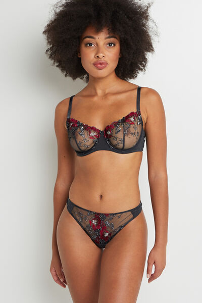 STRING TULLE BRODE GRIS/ROUGE