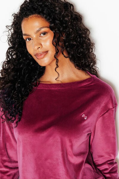 FLUFFY TEE-SHIRT MANCHES LONGUES VELOURS BORDEAUX