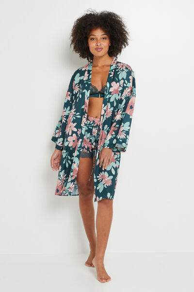 DESHABILLE SATIN IMPRIME BLEU/ROSE