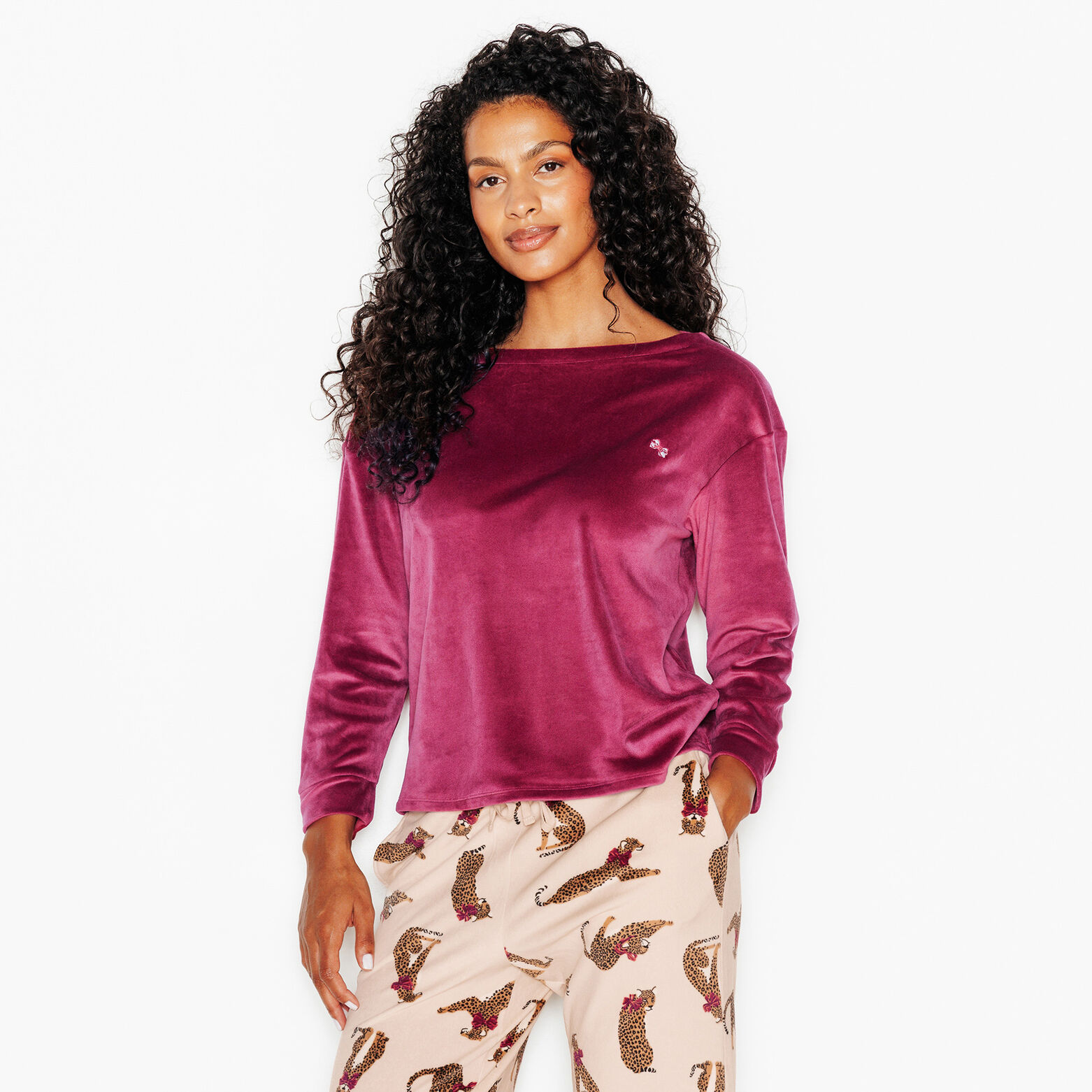 FLUFFY TEE-SHIRT MANCHES LONGUES VELOURS BORDEAUX