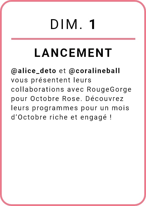 DIM.1 LANCEMENT / @alice_deto et @coralineball vous présentent leurs collaborations avec RougeGorge pour Octobre Rose. Découvrez leurs programmes pour un mois d’Octobre riche et engagé !