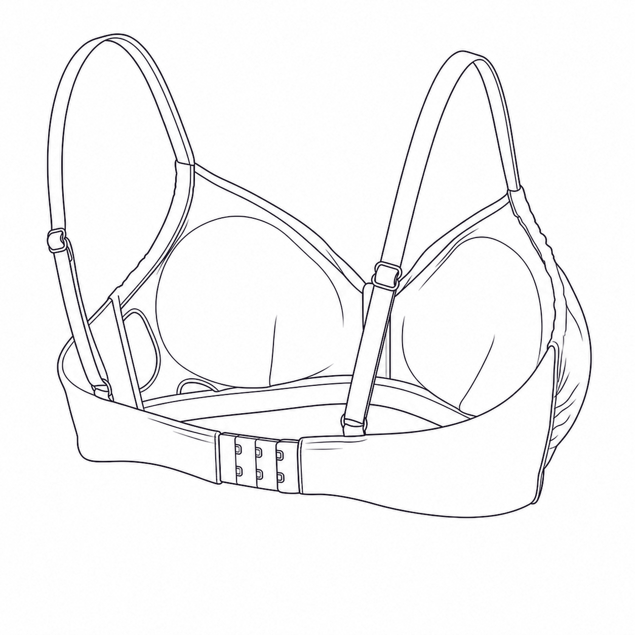 Schéma technique d'un soutien-gorge post-opératoire vu de trois quarts arrière.