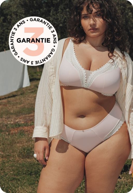 Soutien-gorge rose poudre microfibre et détails en dentelle blanche, garantie 3 ans.