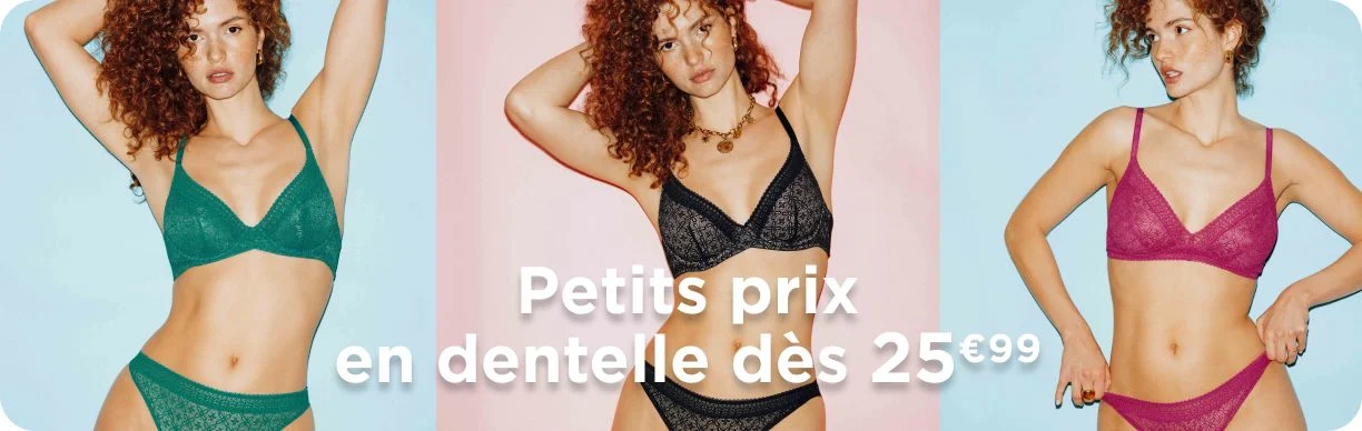 Petits prix en dentelle dès 25€99. Soutiens-gorge noir, vert ou fuchsia en dentelle à motif floral léger.