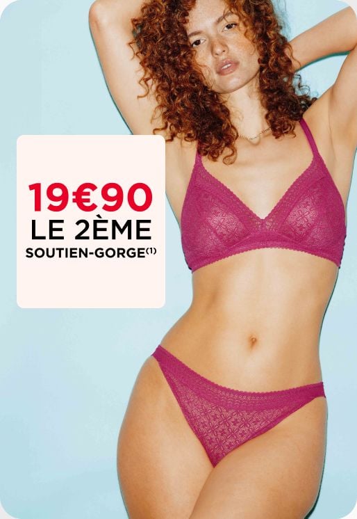 Soutien-gorge fuchsia à motif floral en dentelle légère. 19€90 le 2e soutien-gorge.