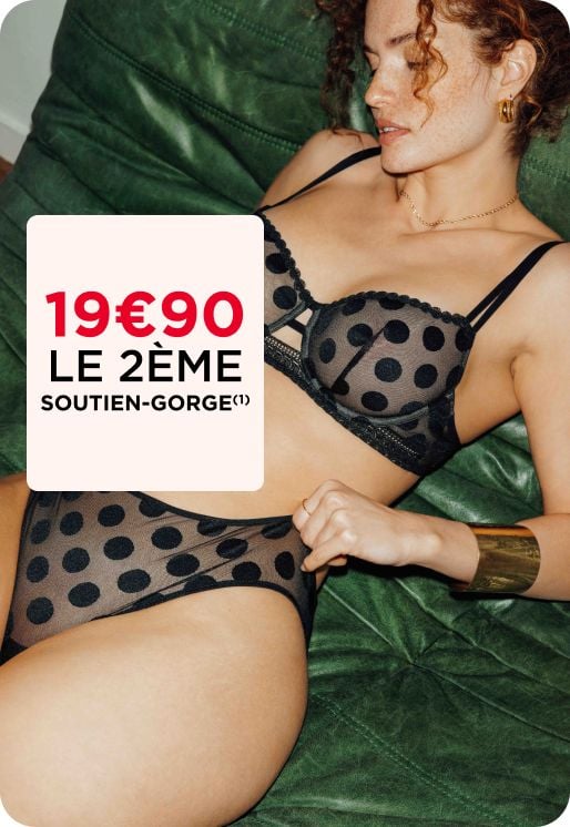 Soutien-gorge noir en dentelle fine à poix. 19€90 le 2e soutien-gorge.