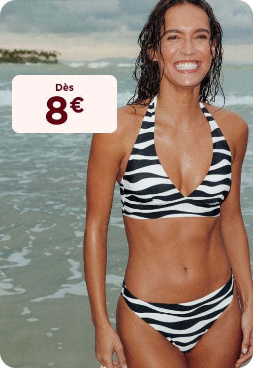 Petits prix dès 8€. Maillot de bain 2 pièces à imprimé zébré noir et blanc.